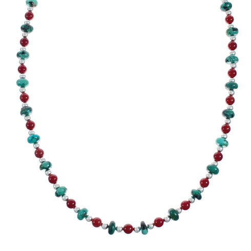 Navajo Turquoise Coral Sterling Silver Bead Necklace X11127